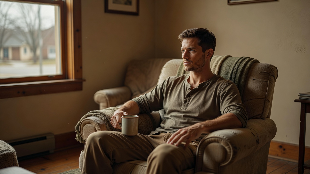 A younger post-9/11 veteran sitting thoughtfully by a window
